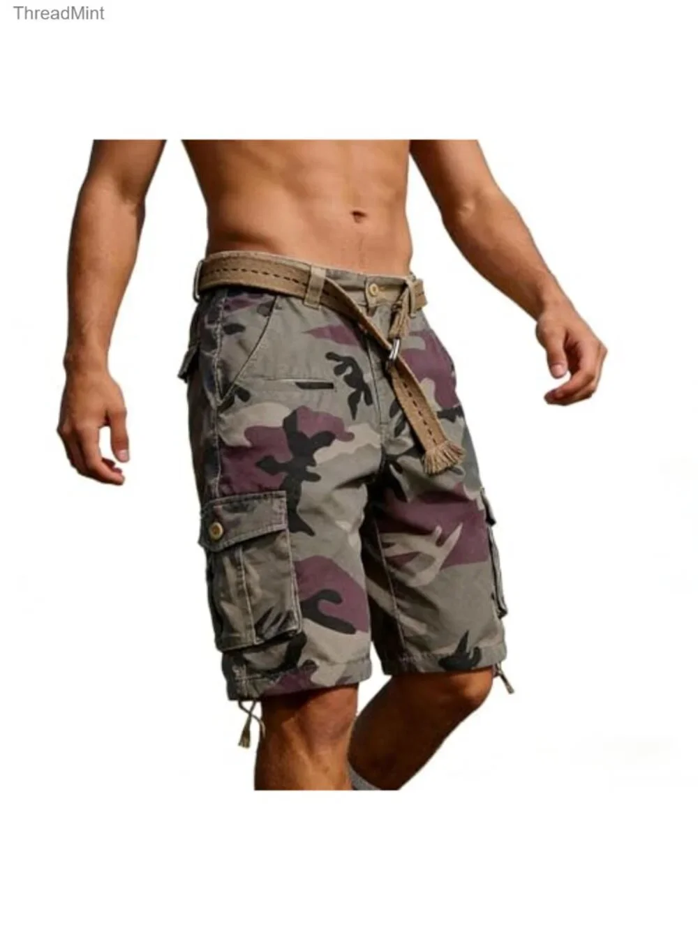 Men's Cotton Camo Cargo Shorts 7-Pocket Zip Fly Drawstring